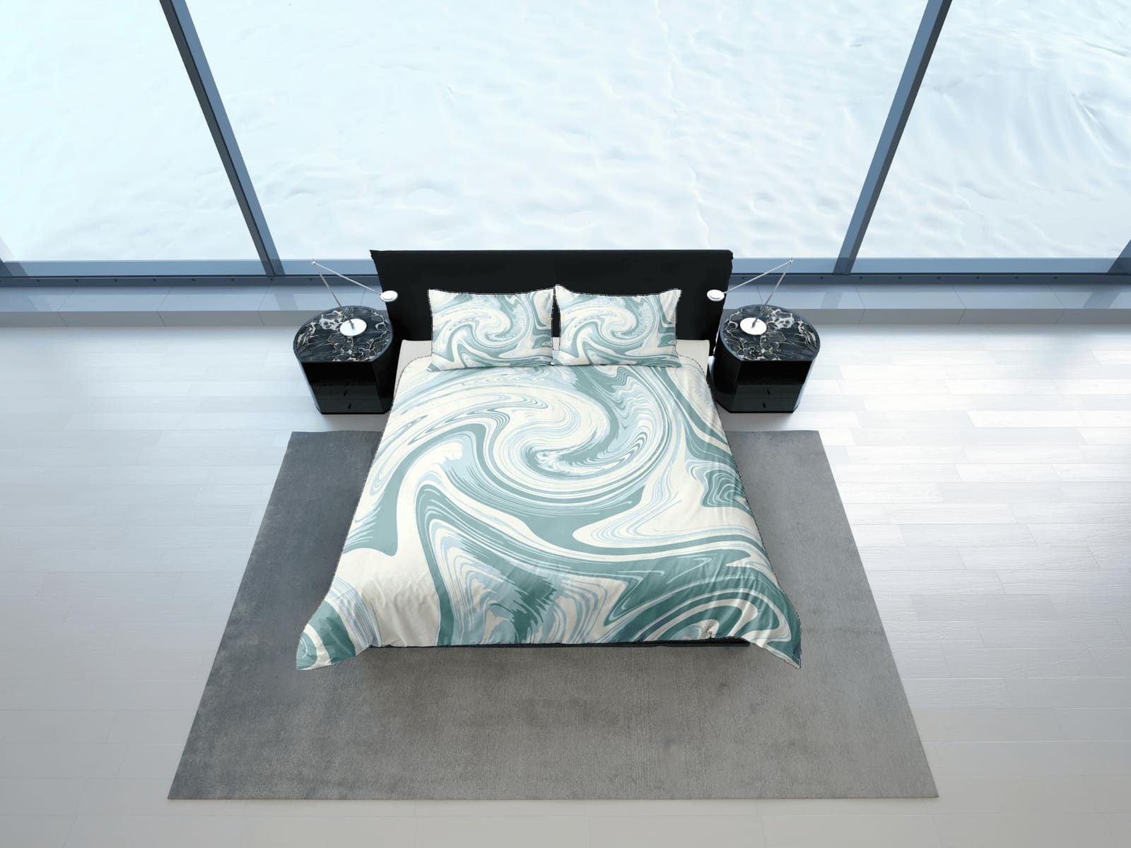 Pastel green contemporary bedroom set aesthetic duvet cover, marble abstract art room decor boho chic bedding set full kin…