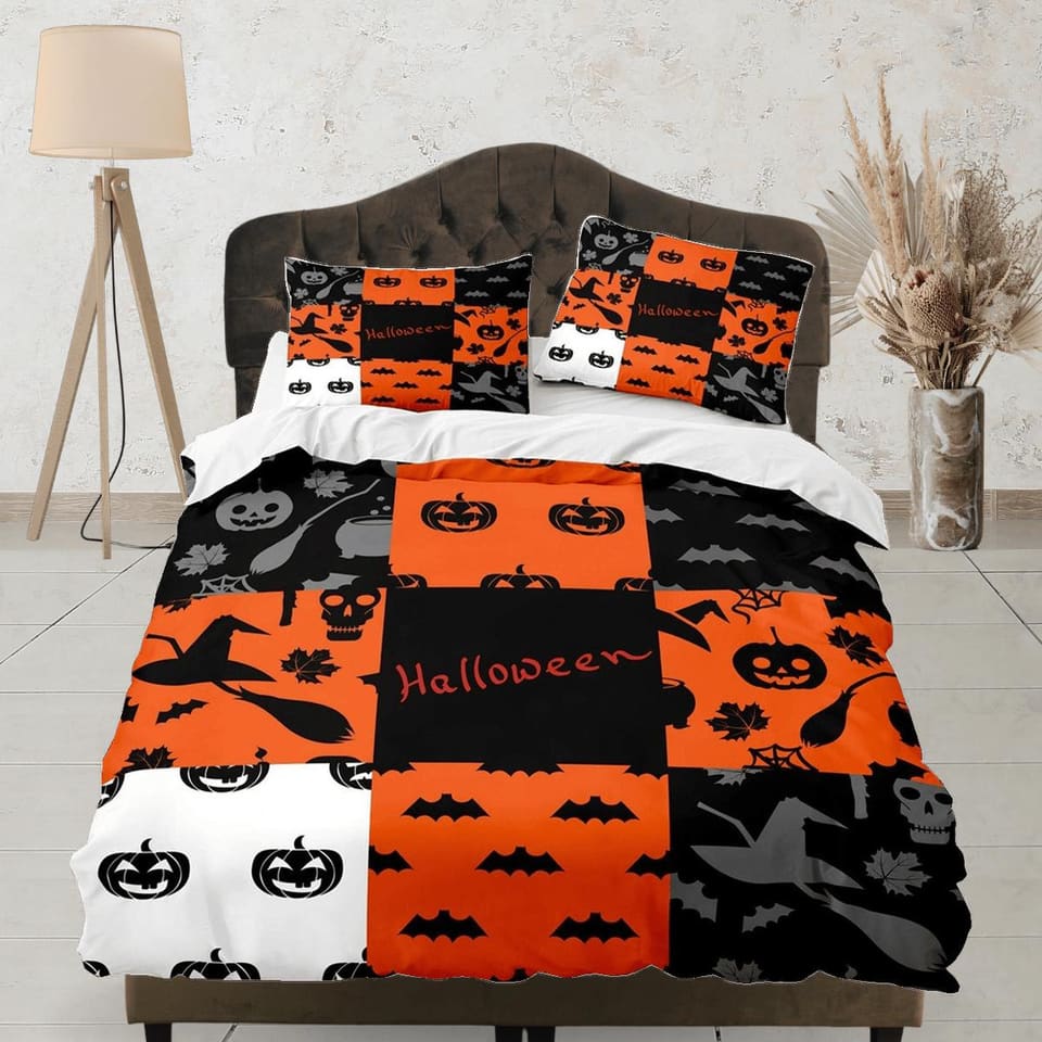 Patchwork halloween full size bedding & pillowcase, duvet cover set dorm bedding, halloween decor, nursery toddler bedding…