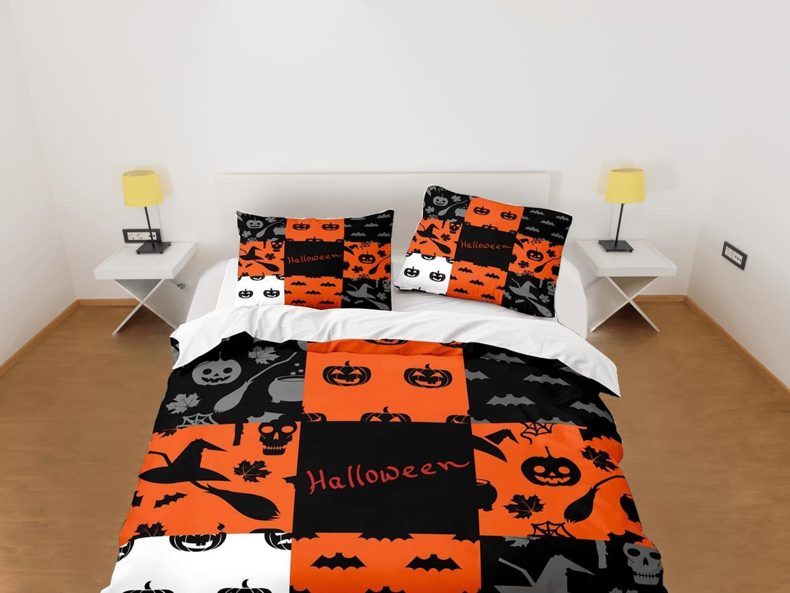 Patchwork halloween full size bedding & pillowcase, duvet cover set dorm bedding, halloween decor, nursery toddler bedding…