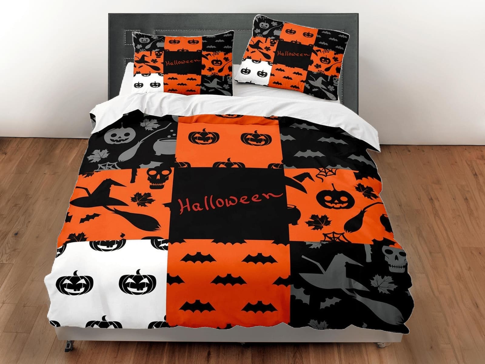 Patchwork halloween full size bedding & pillowcase, duvet cover set dorm bedding, halloween decor, nursery toddler bedding…