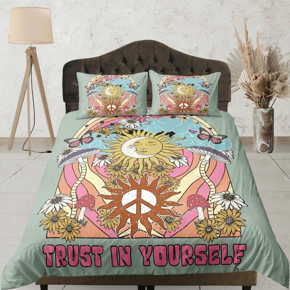 Peace sign 90s nostalgia hippie bedding retro duvet cover set, colorful bedding, teens and adult duvet cover, maximalist d…
