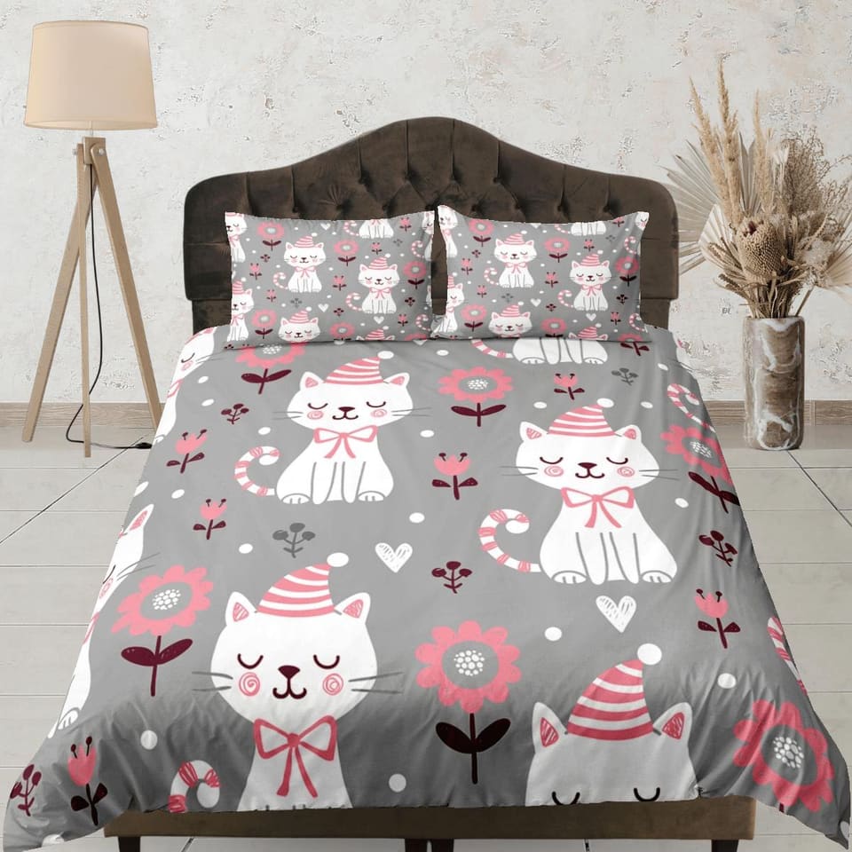 Peaceful white cat bedding grey & pink flowers, toddler bedding, kids duvet cover set, gift for cat lovers, baby bedding,…
