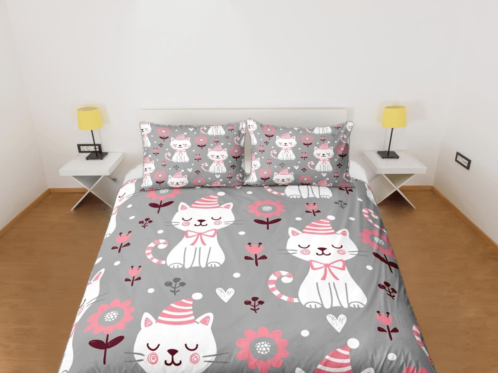 Peaceful white cat bedding grey & pink flowers, toddler bedding, kids duvet cover set, gift for cat lovers, baby bedding,…