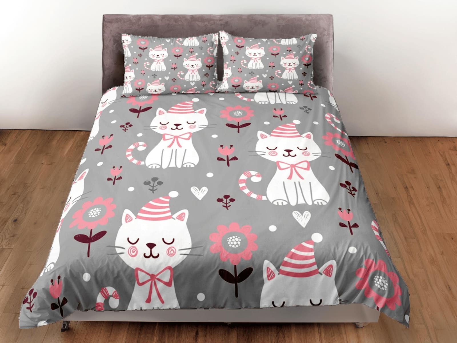 Peaceful white cat bedding grey & pink flowers, toddler bedding, kids duvet cover set, gift for cat lovers, baby bedding,…