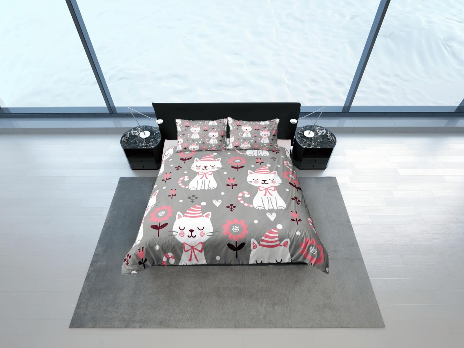 Peaceful white cat bedding grey & pink flowers, toddler bedding, kids duvet cover set, gift for cat lovers, baby bedding,…