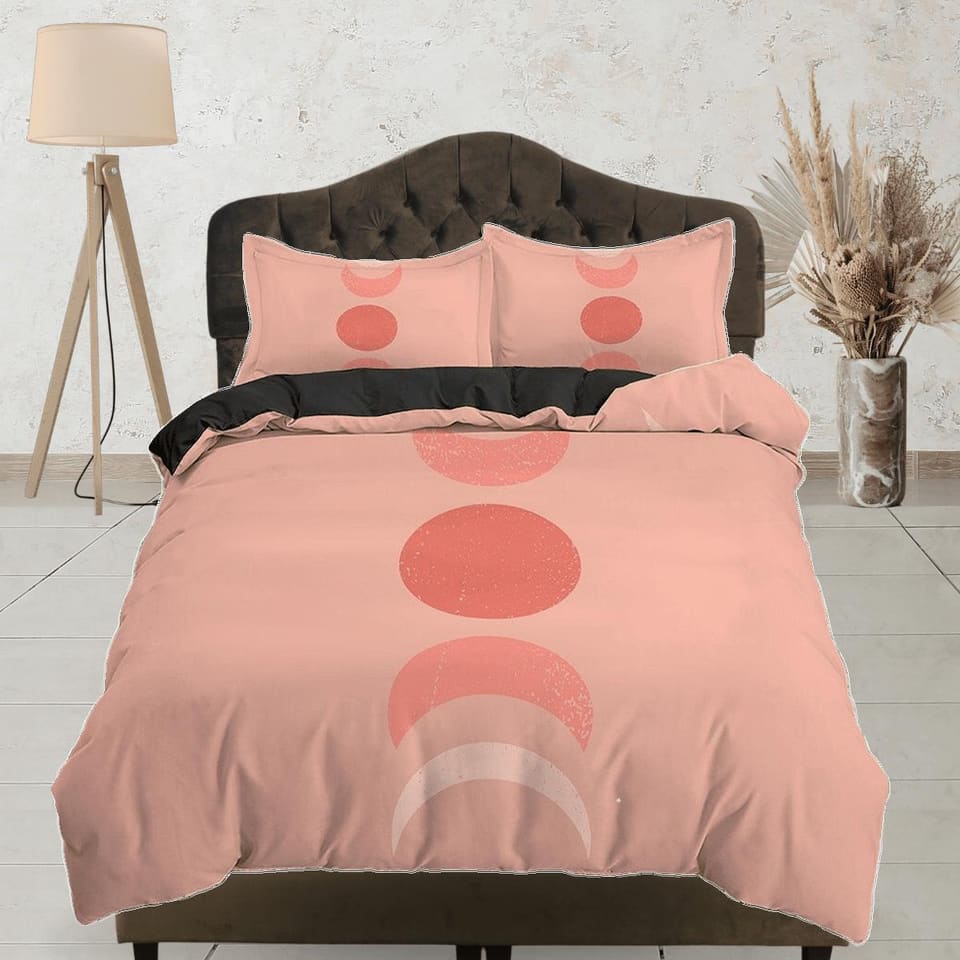 Peach Pink Boho Bedding, Phases of Moon Duvet Cover Set, Dorm Bedding, Celestial Bed Cover, Aesthetic Duvet King Queen Ful…