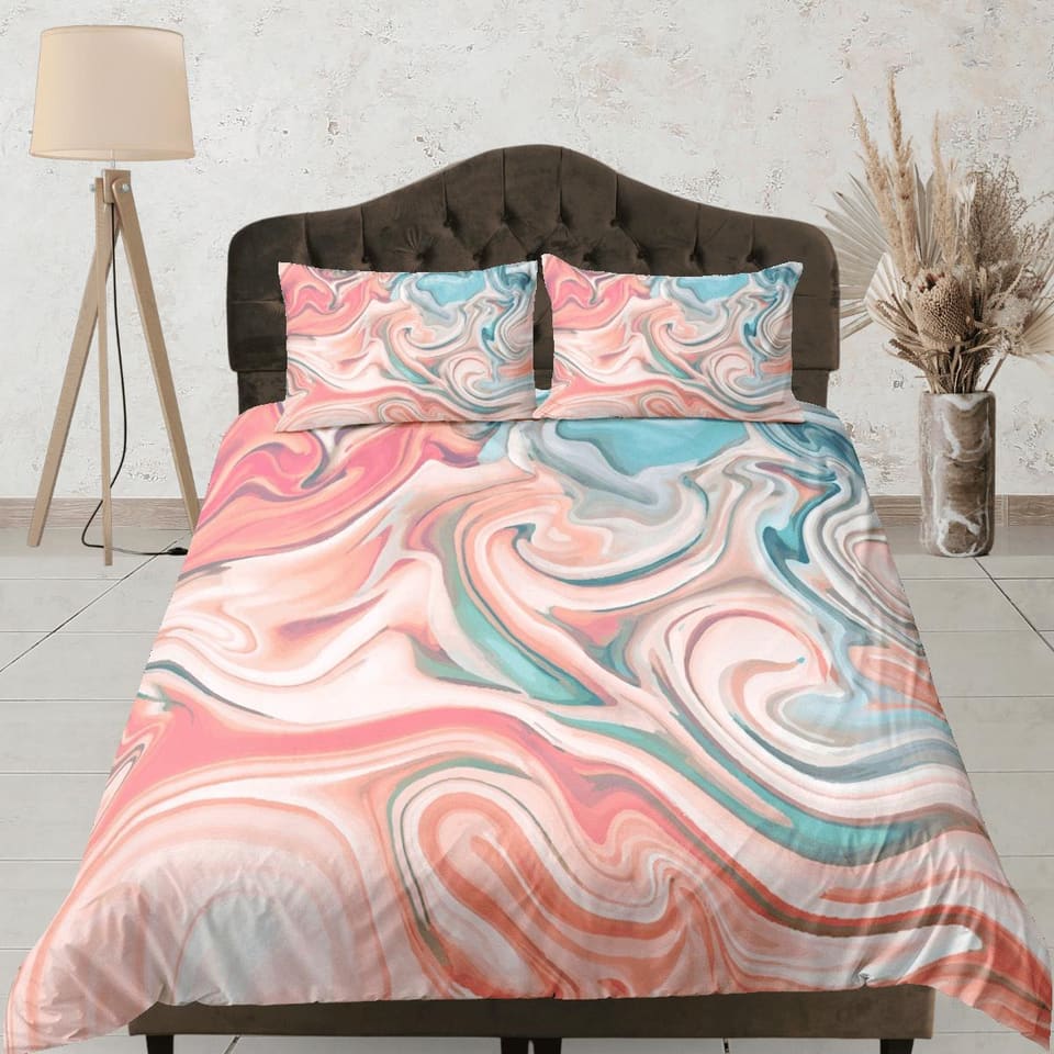 Peach pink contemporary bedroom set aesthetic duvet cover, marble abstract art room decor boho chic bedding set full king…