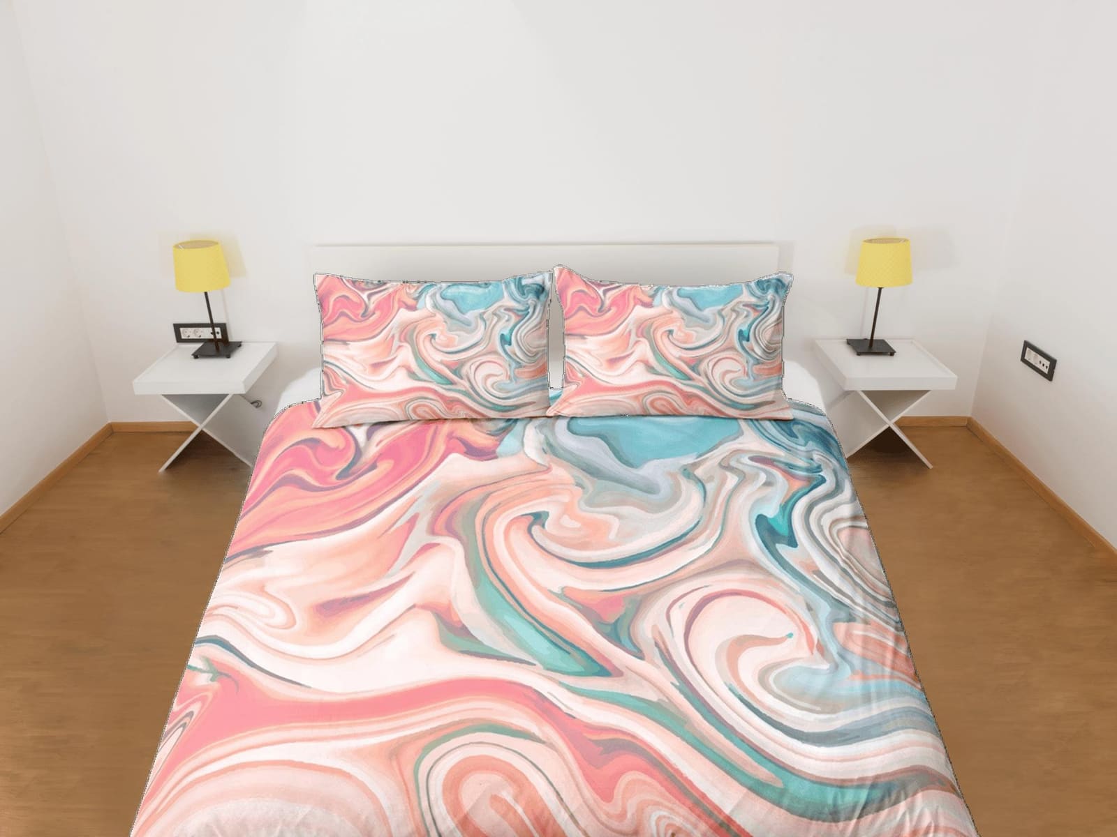 Peach pink contemporary bedroom set aesthetic duvet cover, marble abstract art room decor boho chic bedding set full king…