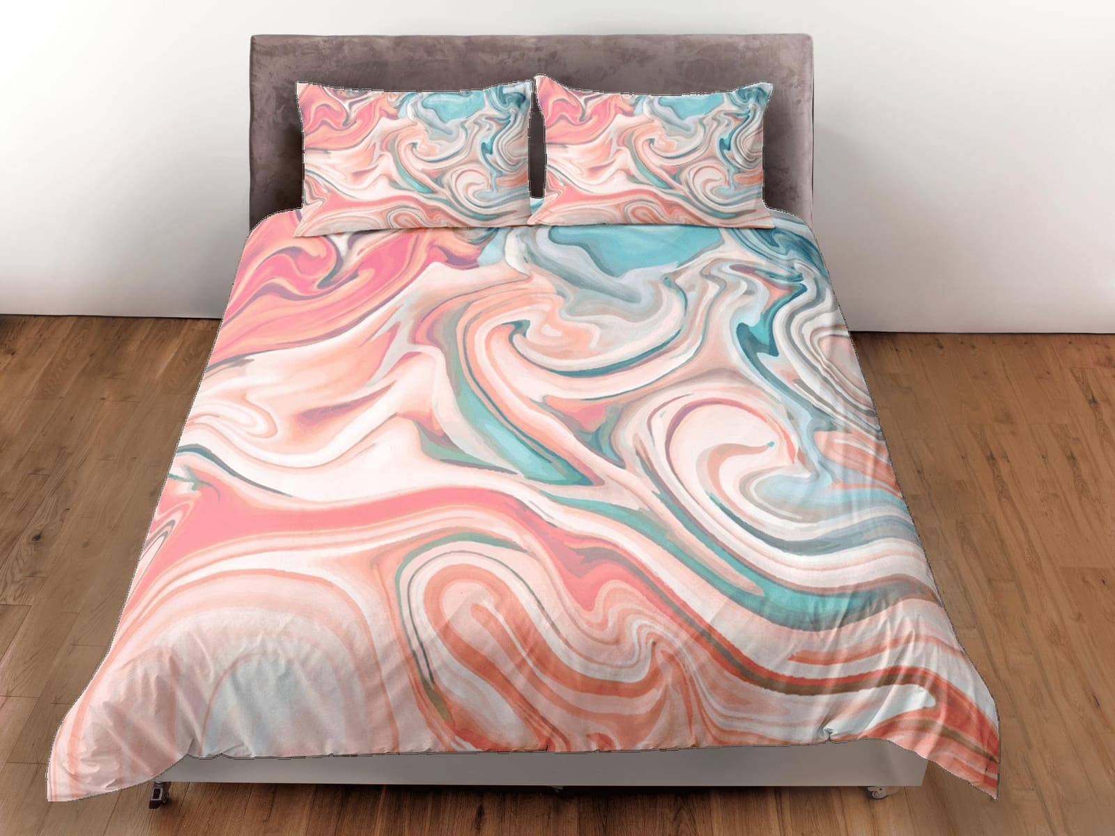 Peach pink contemporary bedroom set aesthetic duvet cover, marble abstract art room decor boho chic bedding set full king…