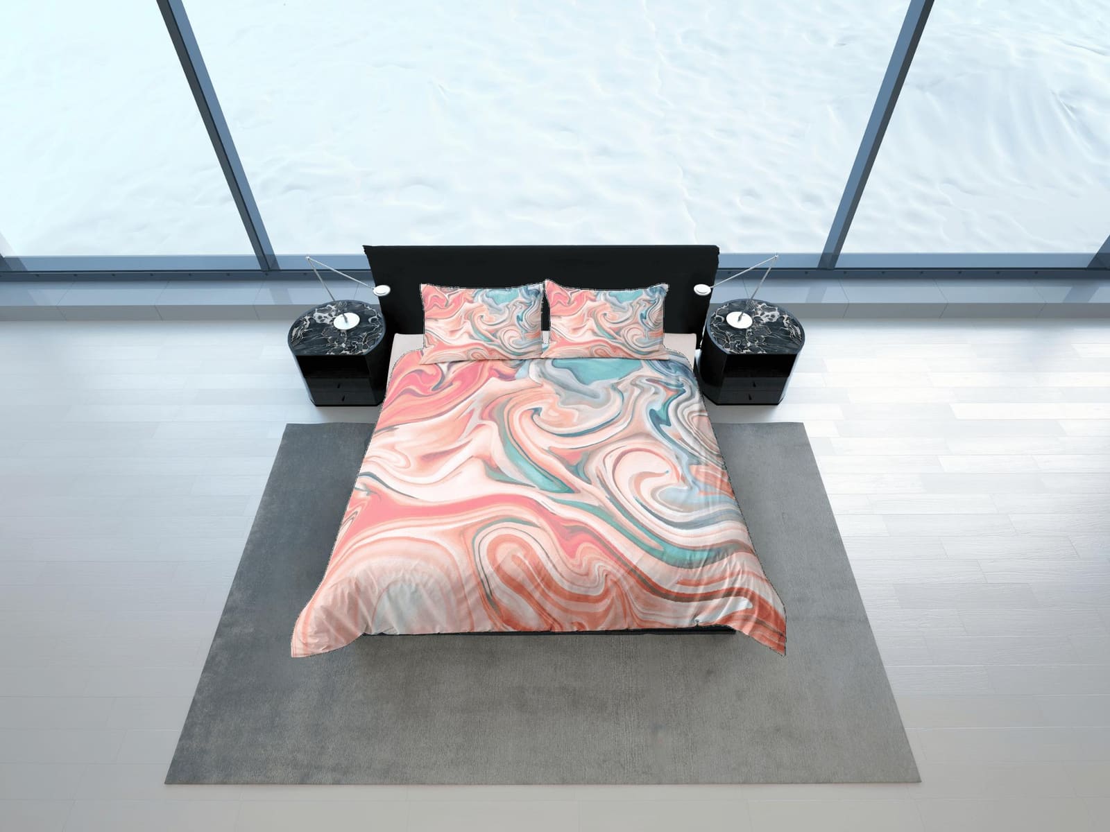 Peach pink contemporary bedroom set aesthetic duvet cover, marble abstract art room decor boho chic bedding set full king…