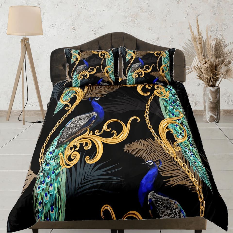 Peacock and gold baroque aesthetic bedding set full, luxury duvet cover queen, king, boho duvet, designer bedding, maximal…
