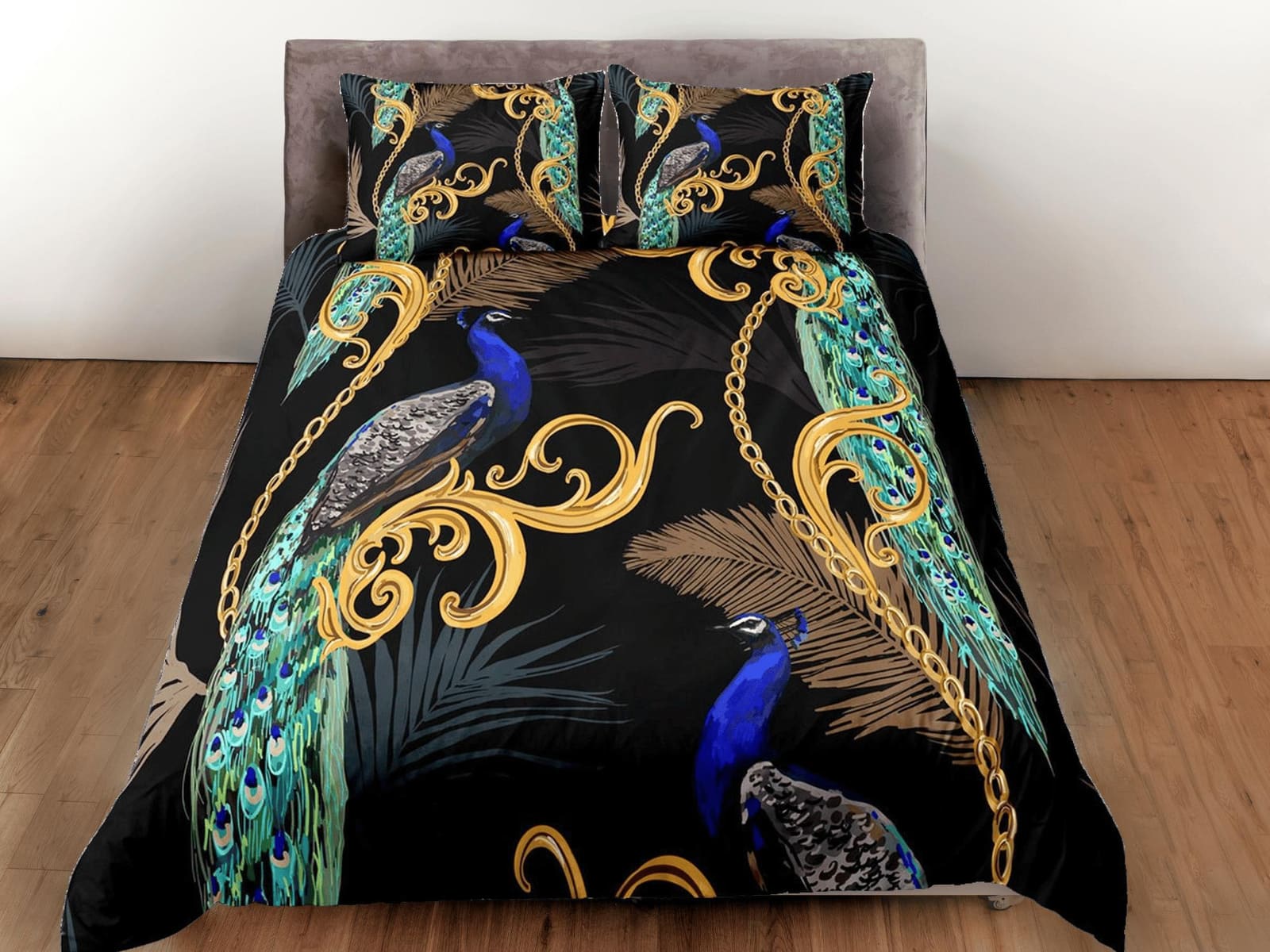 Peacock and gold baroque aesthetic bedding set full, luxury duvet cover queen, king, boho duvet, designer bedding, maximal…