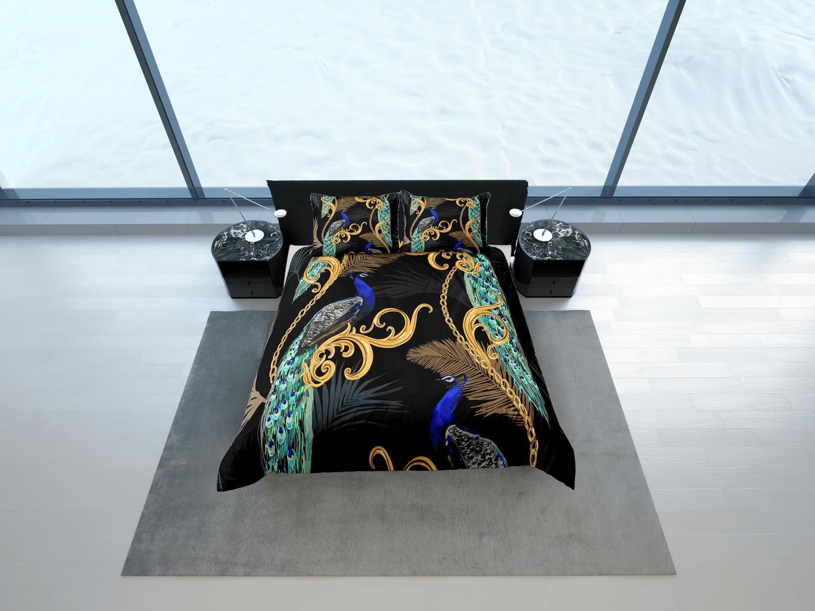 Peacock and gold baroque aesthetic bedding set full, luxury duvet cover queen, king, boho duvet, designer bedding, maximal…