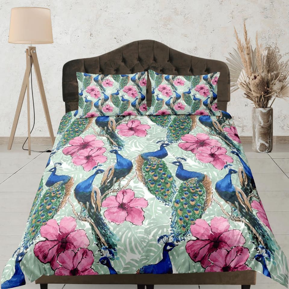 Peacock and pink hibiscus duvet cover colorful bedding, teen girl bedroom, baby girl crib bedding boho maximalist aestheti…