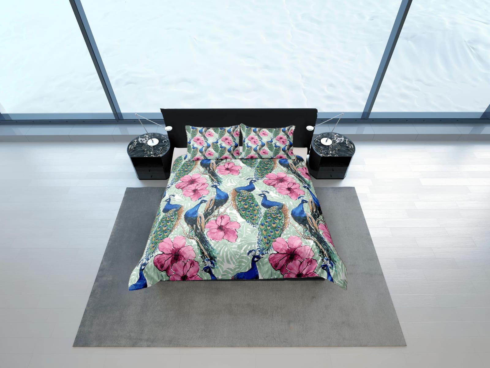 Peacock and pink hibiscus duvet cover colorful bedding, teen girl bedroom, baby girl crib bedding boho maximalist aestheti…