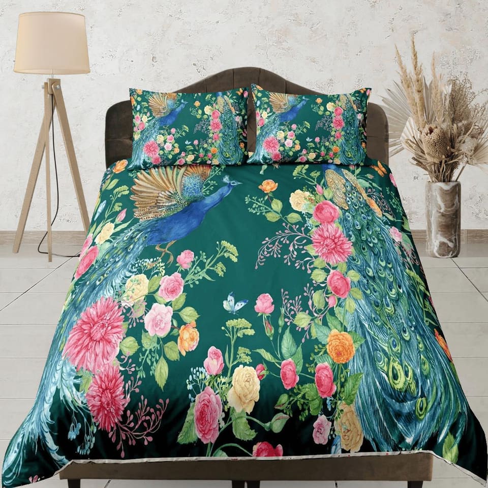 Peacock biophilic bedding, floral printed duvet cover queen, king, boho duvet, designer bedding, aesthetic bedding, maxima…