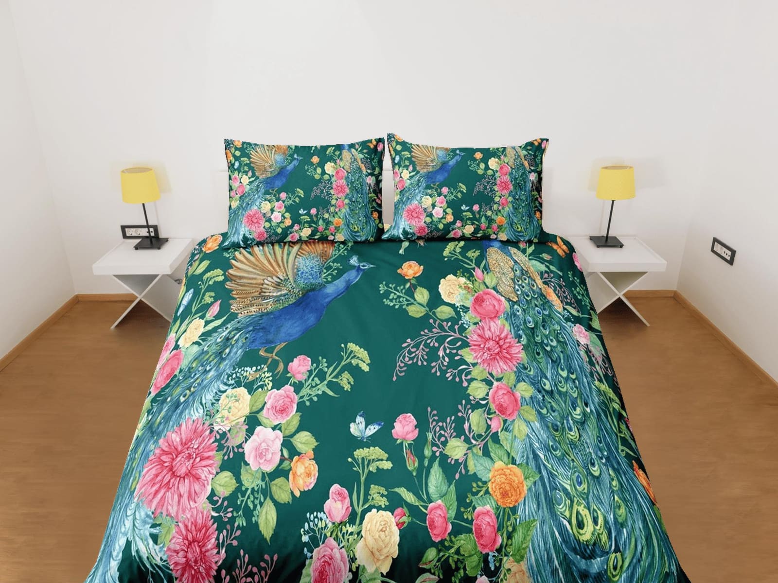Peacock biophilic bedding, floral printed duvet cover queen, king, boho duvet, designer bedding, aesthetic bedding, maxima…