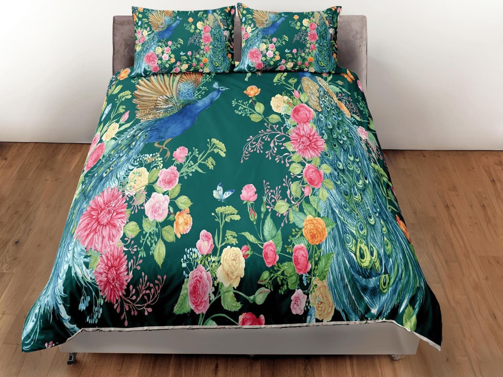 Peacock biophilic bedding, floral printed duvet cover queen, king, boho duvet, designer bedding, aesthetic bedding, maxima…