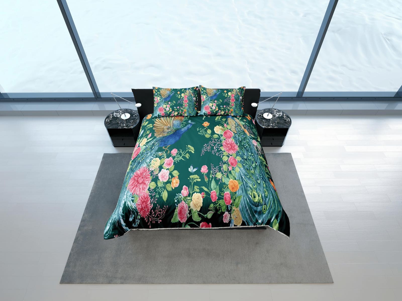 Peacock biophilic bedding, floral printed duvet cover queen, king, boho duvet, designer bedding, aesthetic bedding, maxima…