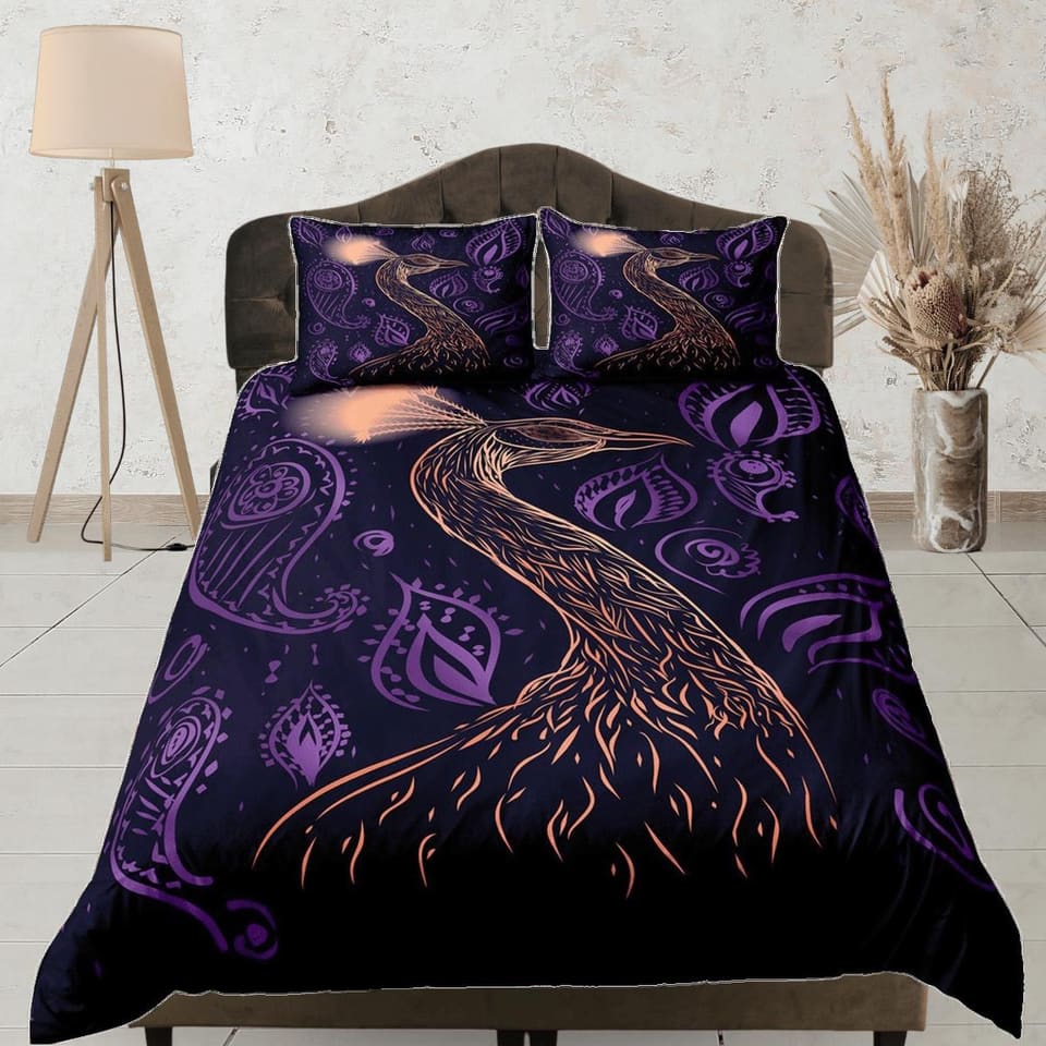 peacock decor purple aesthetic bedding set full, luxury duvet cover queen, king, boho duvet, designer bedding, maximalist…