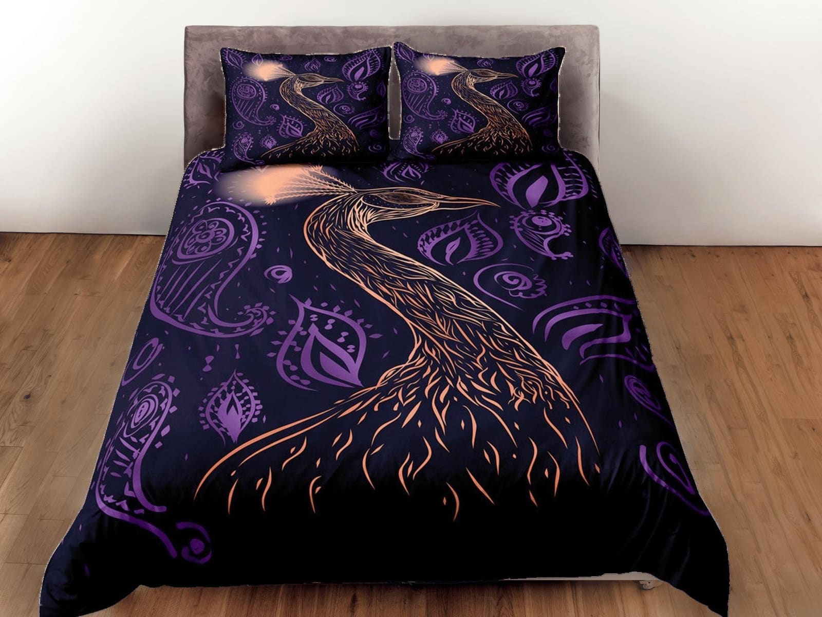 peacock decor purple aesthetic bedding set full, luxury duvet cover queen, king, boho duvet, designer bedding, maximalist…