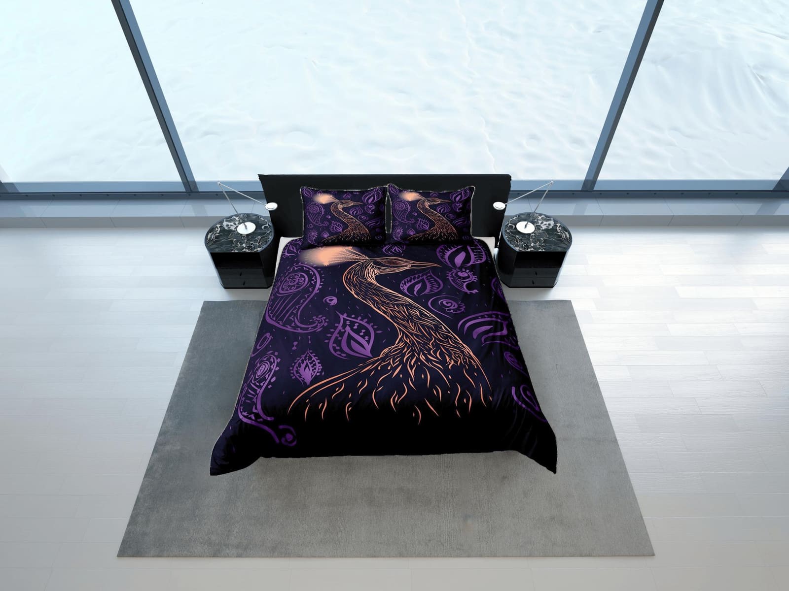 peacock decor purple aesthetic bedding set full, luxury duvet cover queen, king, boho duvet, designer bedding, maximalist…