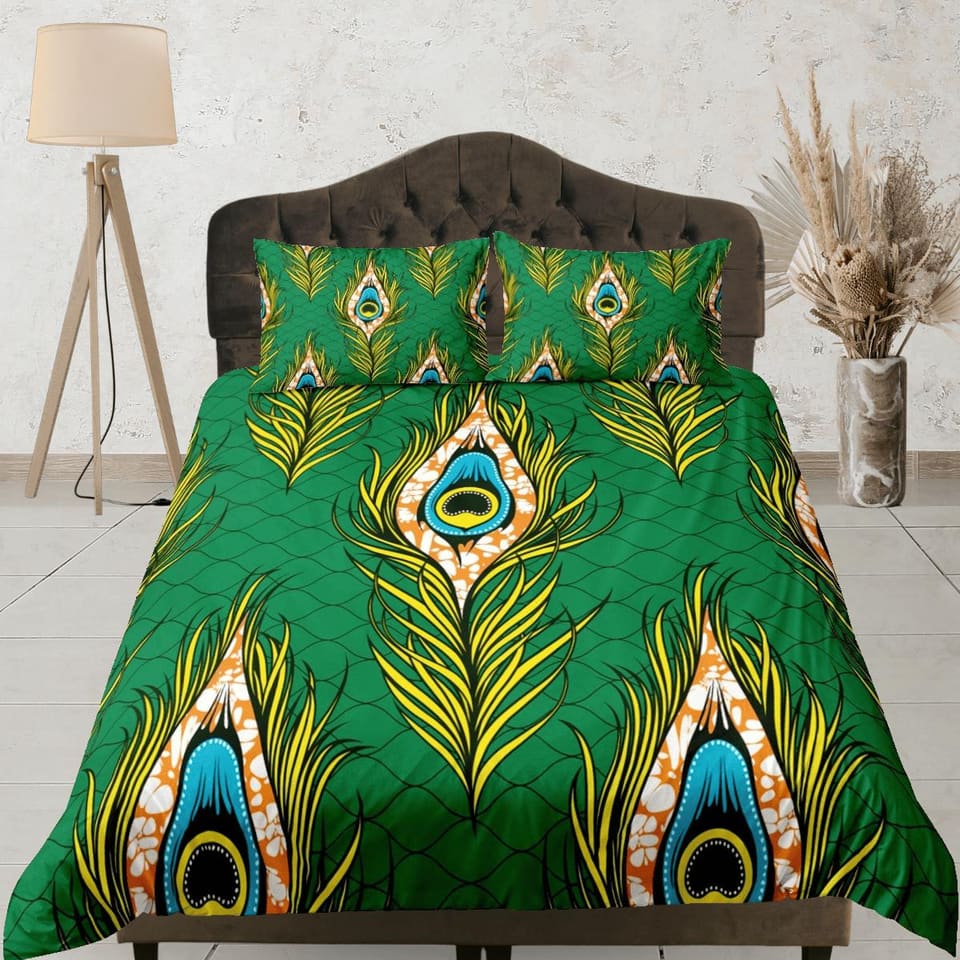Peacock feather african bedding set green duvet cover, boho bedding set, peacock decor, afrocentric designer bedding, sout…
