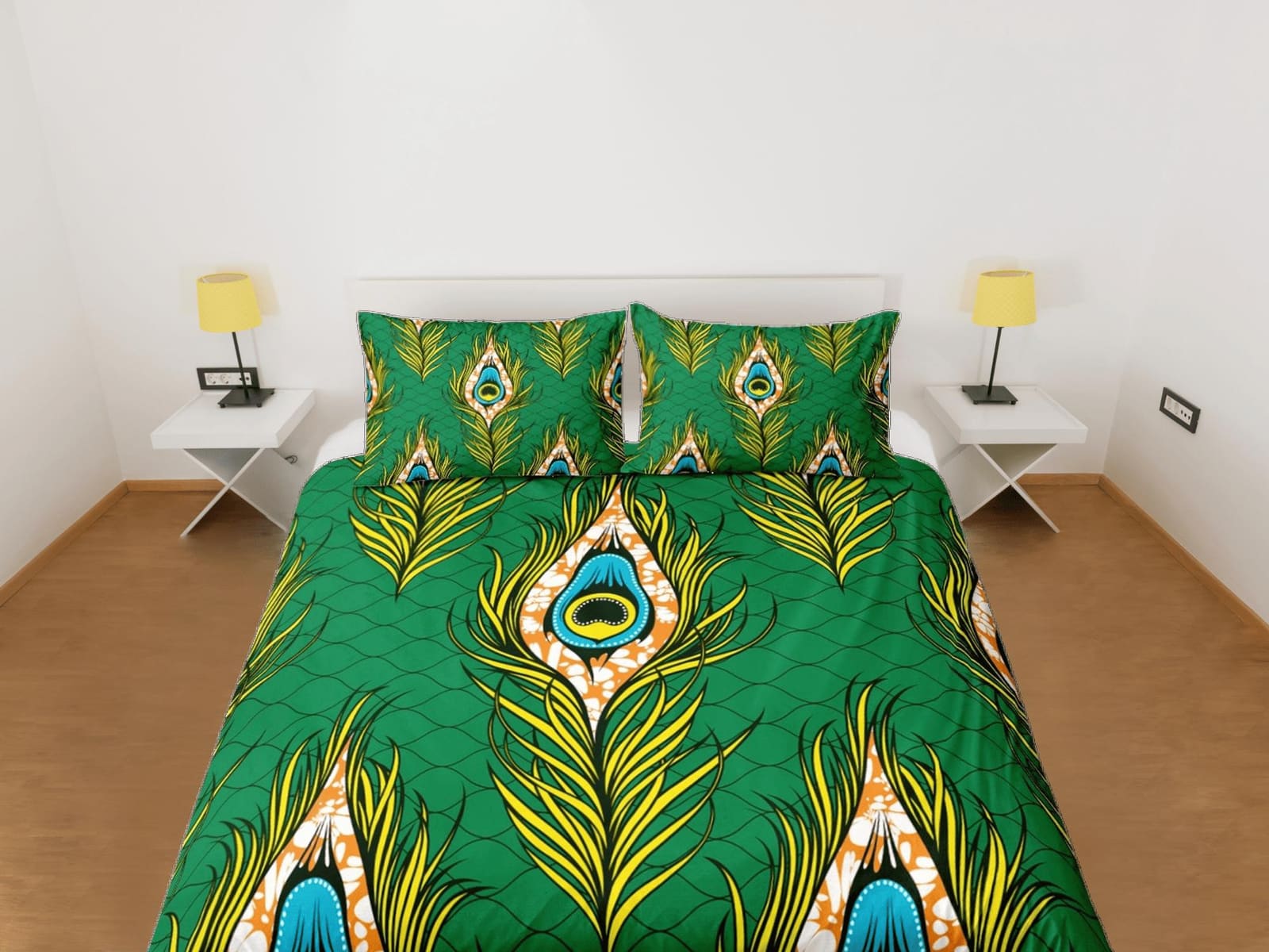 Peacock feather african bedding set green duvet cover, boho bedding set, peacock decor, afrocentric designer bedding, sout…