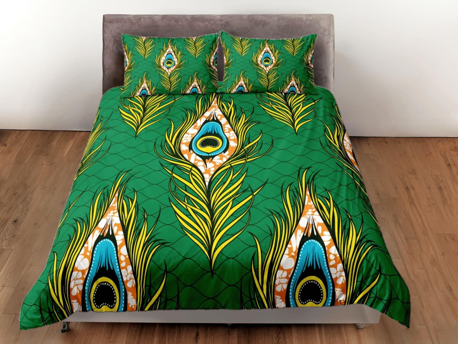 Peacock feather african bedding set green duvet cover, boho bedding set, peacock decor, afrocentric designer bedding, sout…