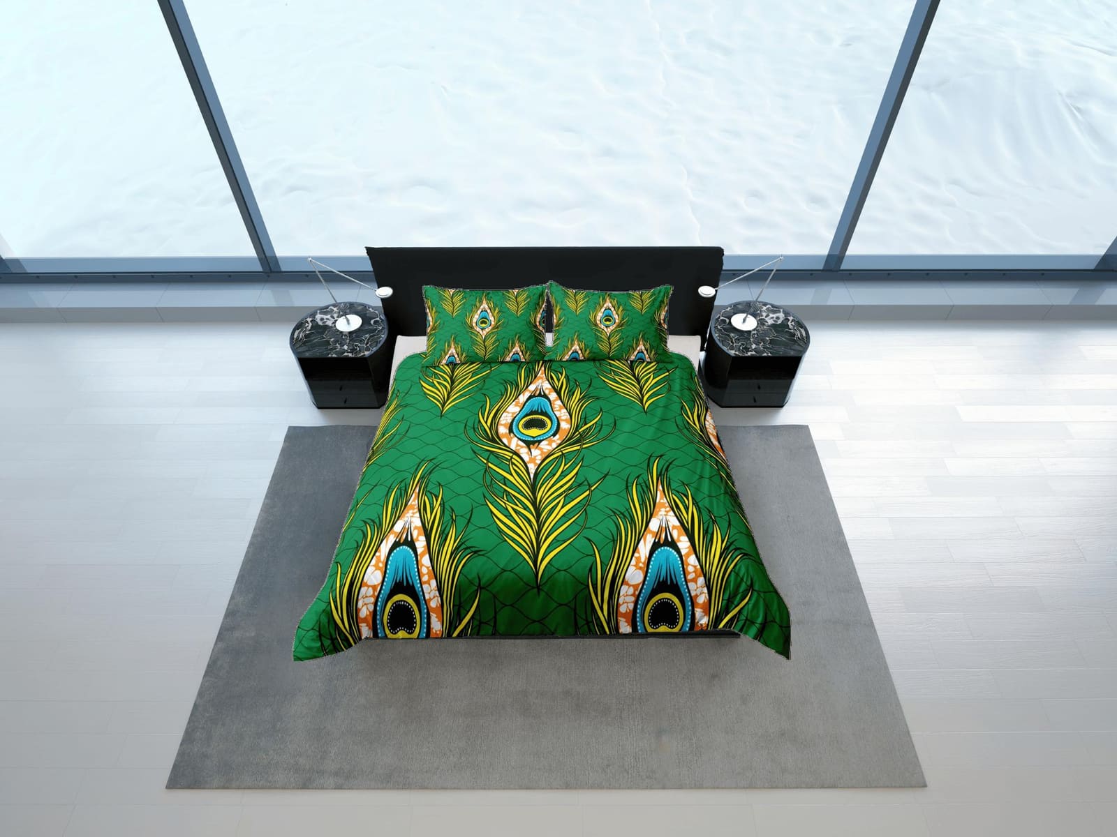Peacock feather african bedding set green duvet cover, boho bedding set, peacock decor, afrocentric designer bedding, sout…