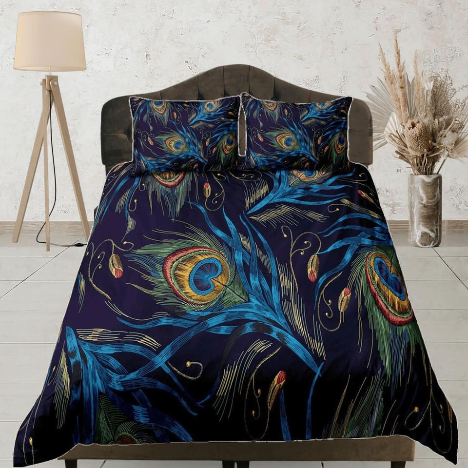 Peacock feather prints aesthetic bedding set full, luxury duvet cover queen, king, boho duvet, designer bedding, maximalis…