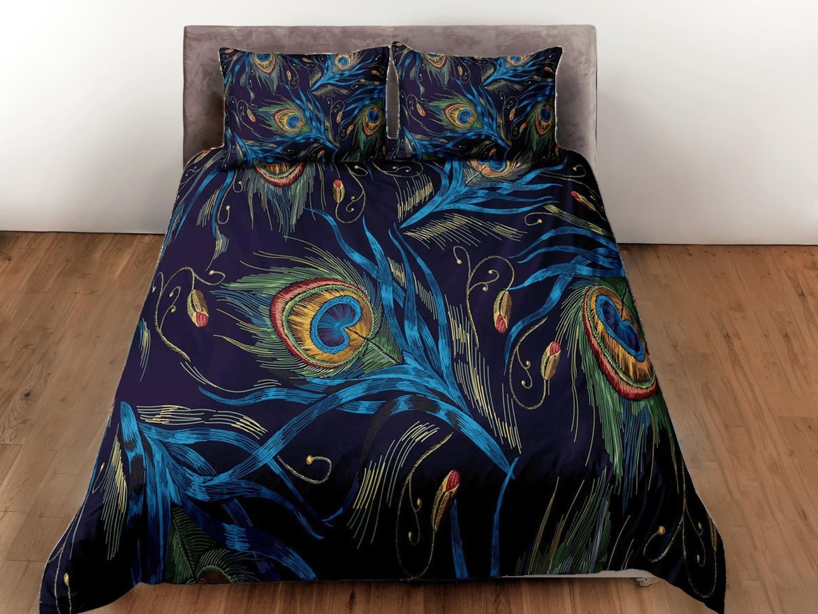 Peacock feather prints aesthetic bedding set full, luxury duvet cover queen, king, boho duvet, designer bedding, maximalis…