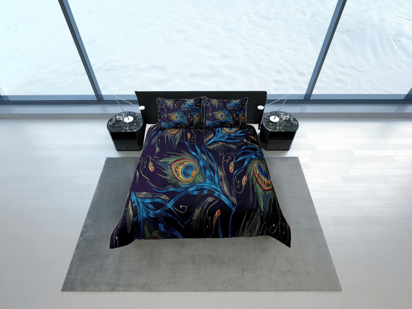 Peacock feather prints aesthetic bedding set full, luxury duvet cover queen, king, boho duvet, designer bedding, maximalis…
