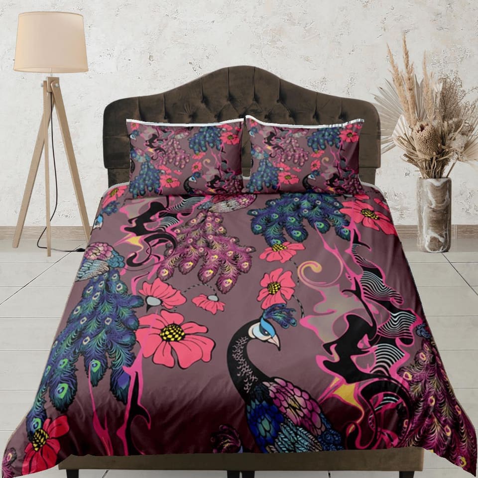 Peacock Floral Duvet Cover Violet Bedspread, Dorm Bedding Set Double