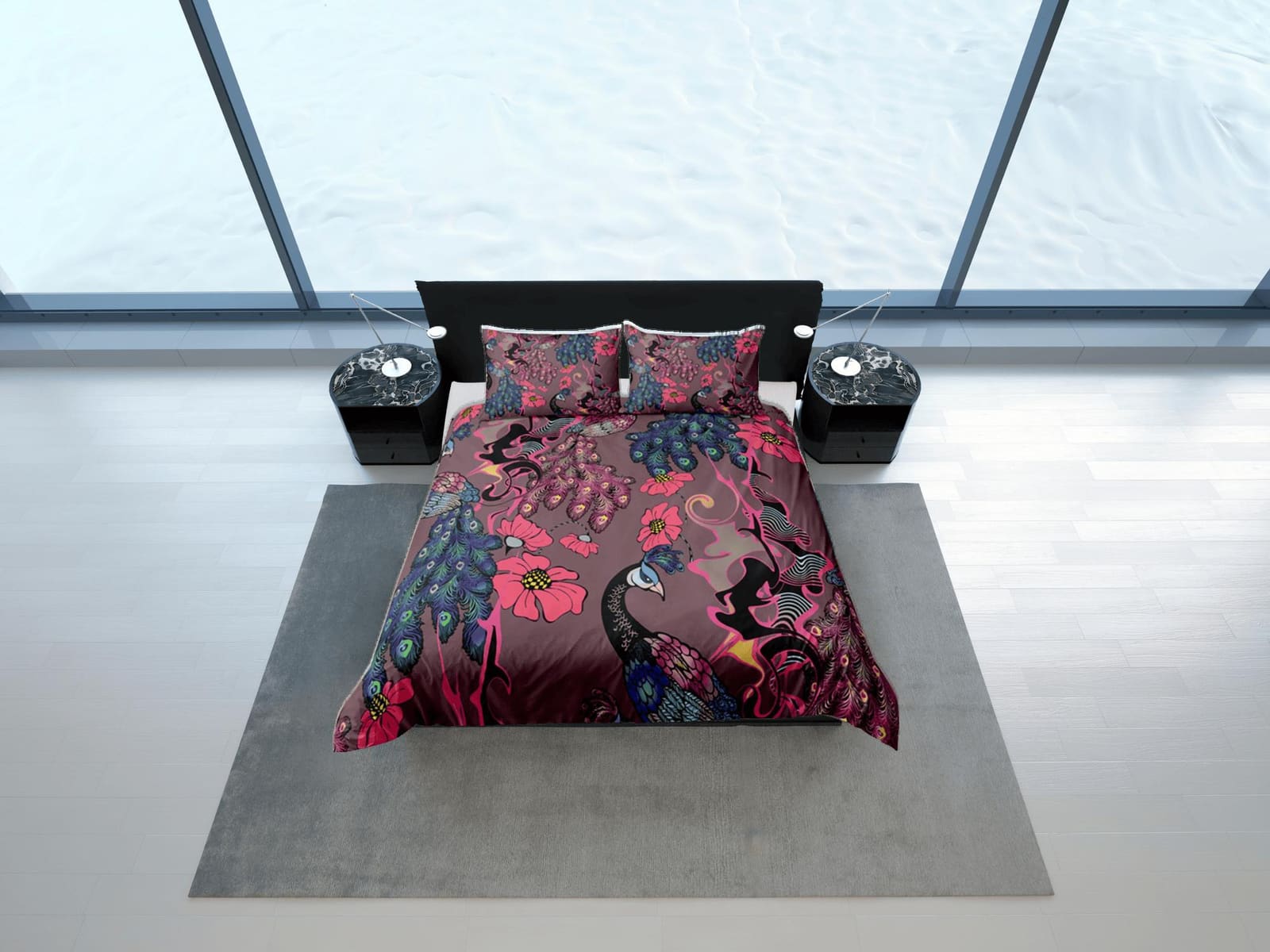 Peacock Floral Duvet Cover Violet Bedspread, Dorm Bedding Set Double