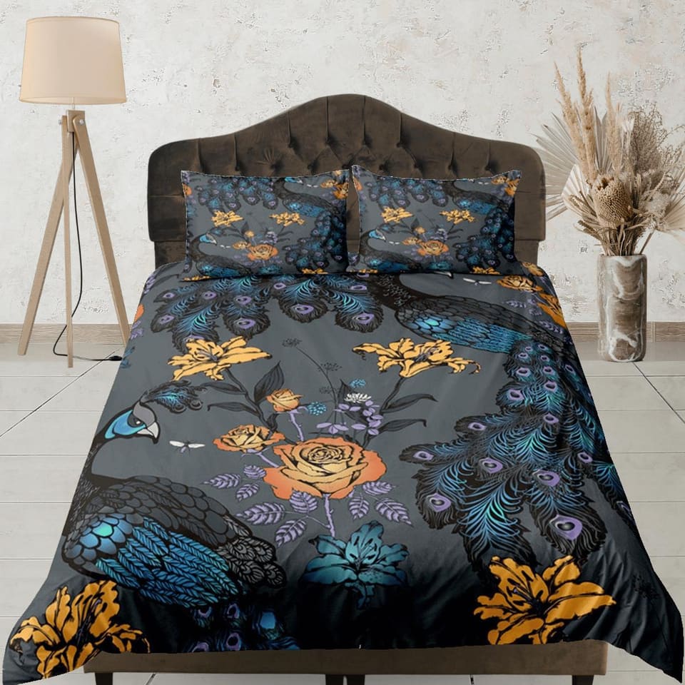 Peacock Grey Duvet Cover Set Bedspread, Floral Dorm Bedding, Single Bedding Double
