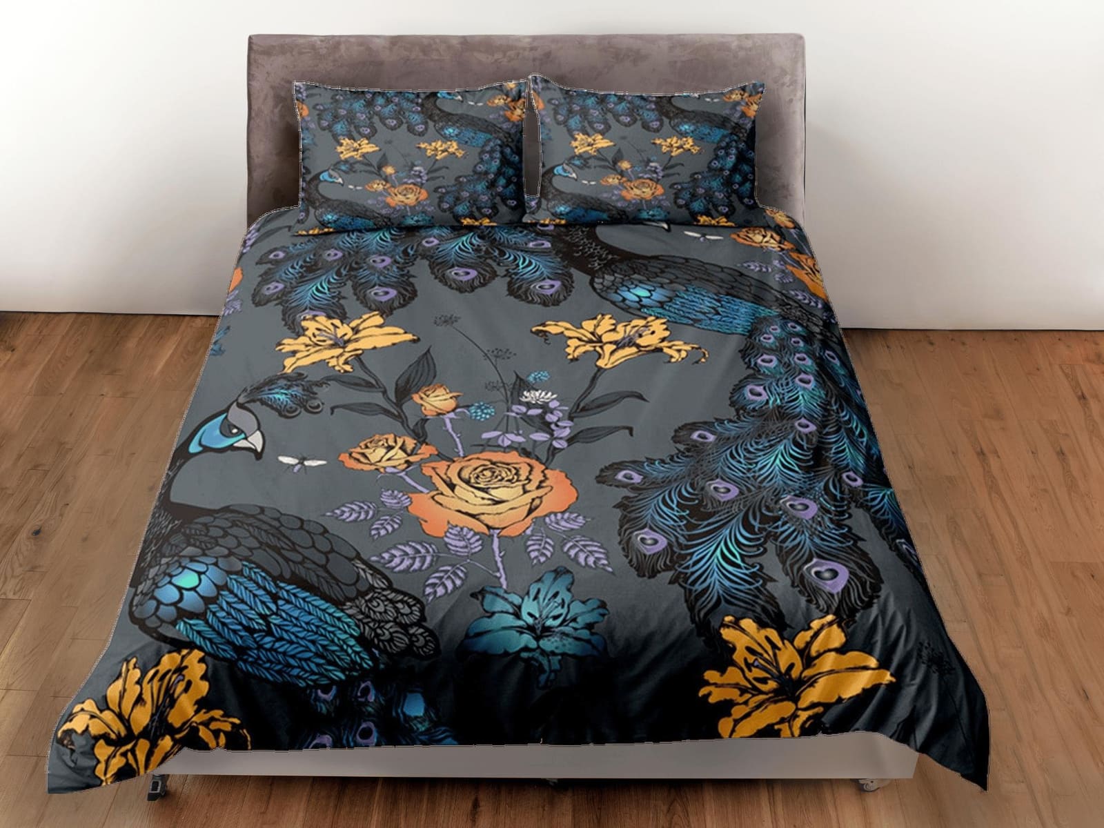 Peacock Grey Duvet Cover Set Bedspread, Floral Dorm Bedding, Single Bedding Double