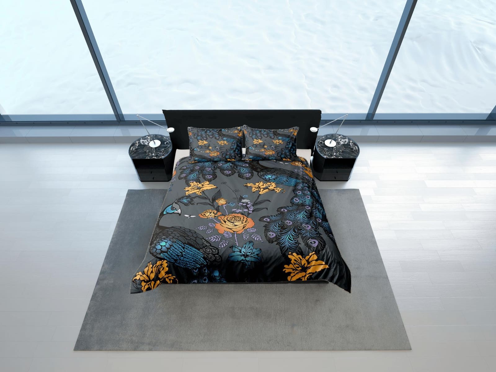 Peacock Grey Duvet Cover Set Bedspread, Floral Dorm Bedding, Single Bedding Double