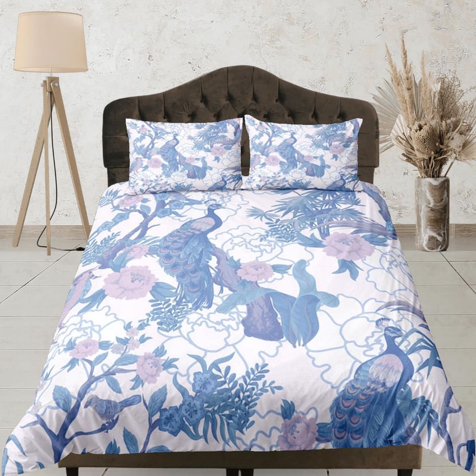Peacock White Duvet Cover Set Floral Bedspread, Dorm Bedding with Pillowcase, , Single Bedding Double