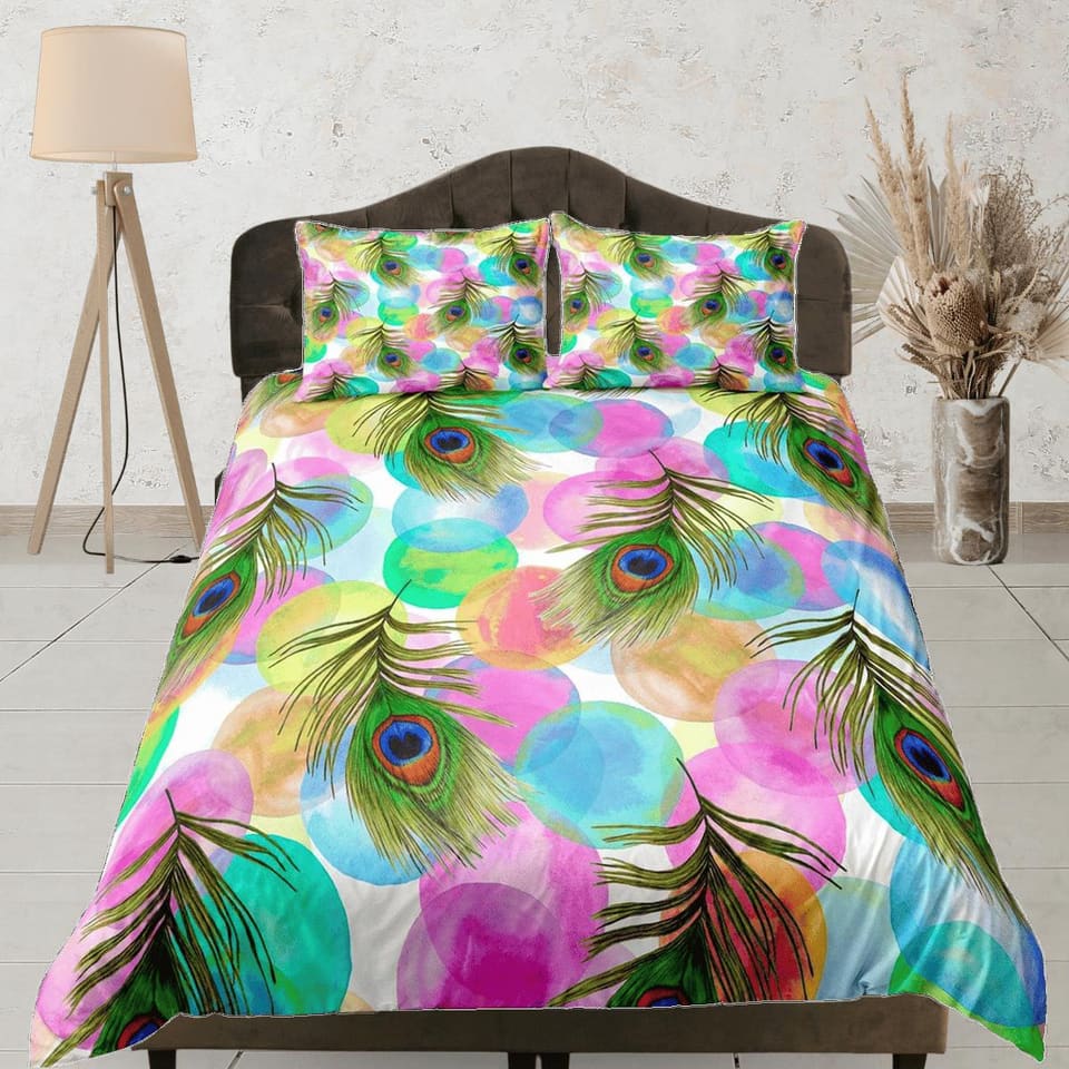 Pink and blue peacock decor aesthetic bedding set full, luxury duvet cover queen, king, boho duvet, designer bedding, maxi…