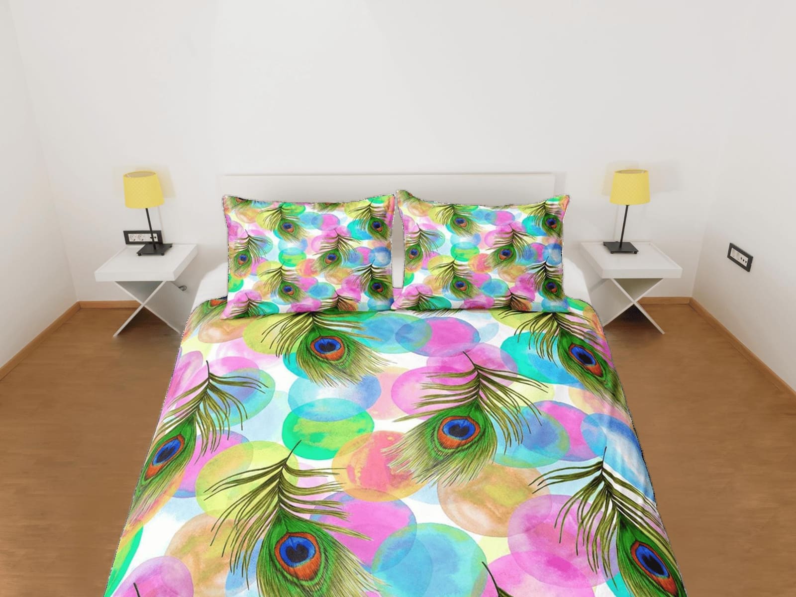 Pink and blue peacock decor aesthetic bedding set full, luxury duvet cover queen, king, boho duvet, designer bedding, maxi…