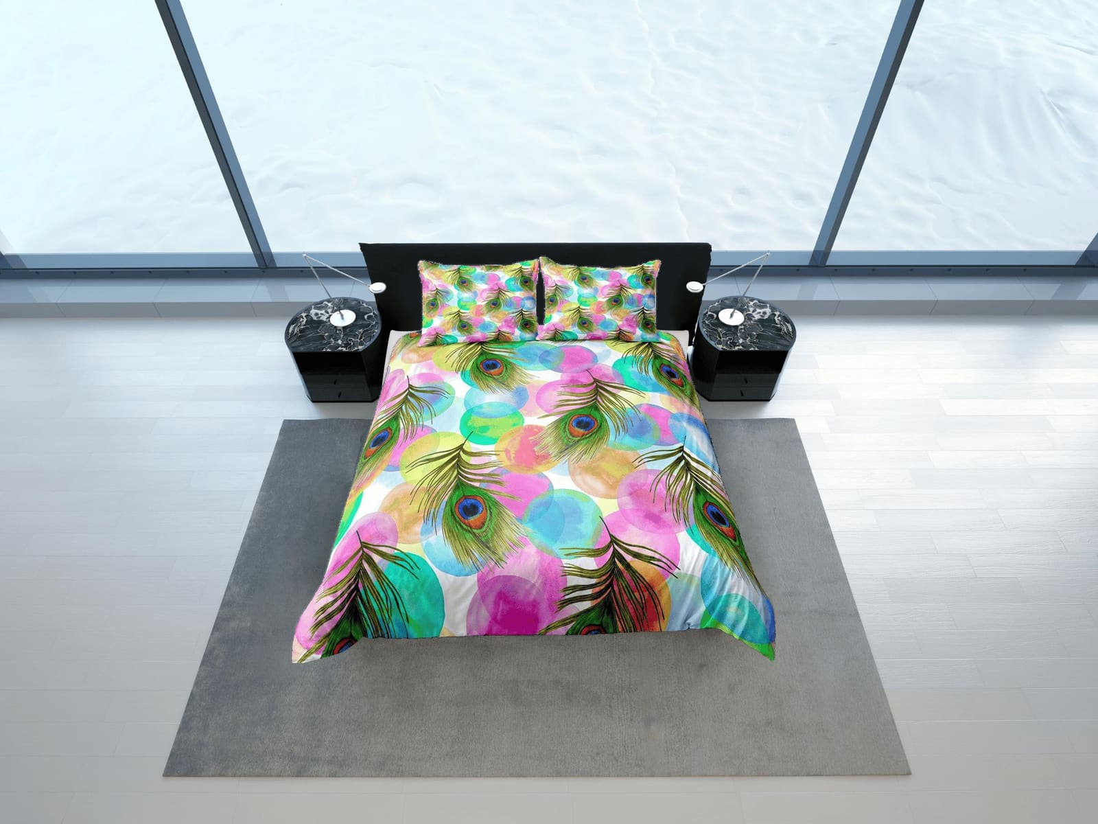Pink and blue peacock decor aesthetic bedding set full, luxury duvet cover queen, king, boho duvet, designer bedding, maxi…