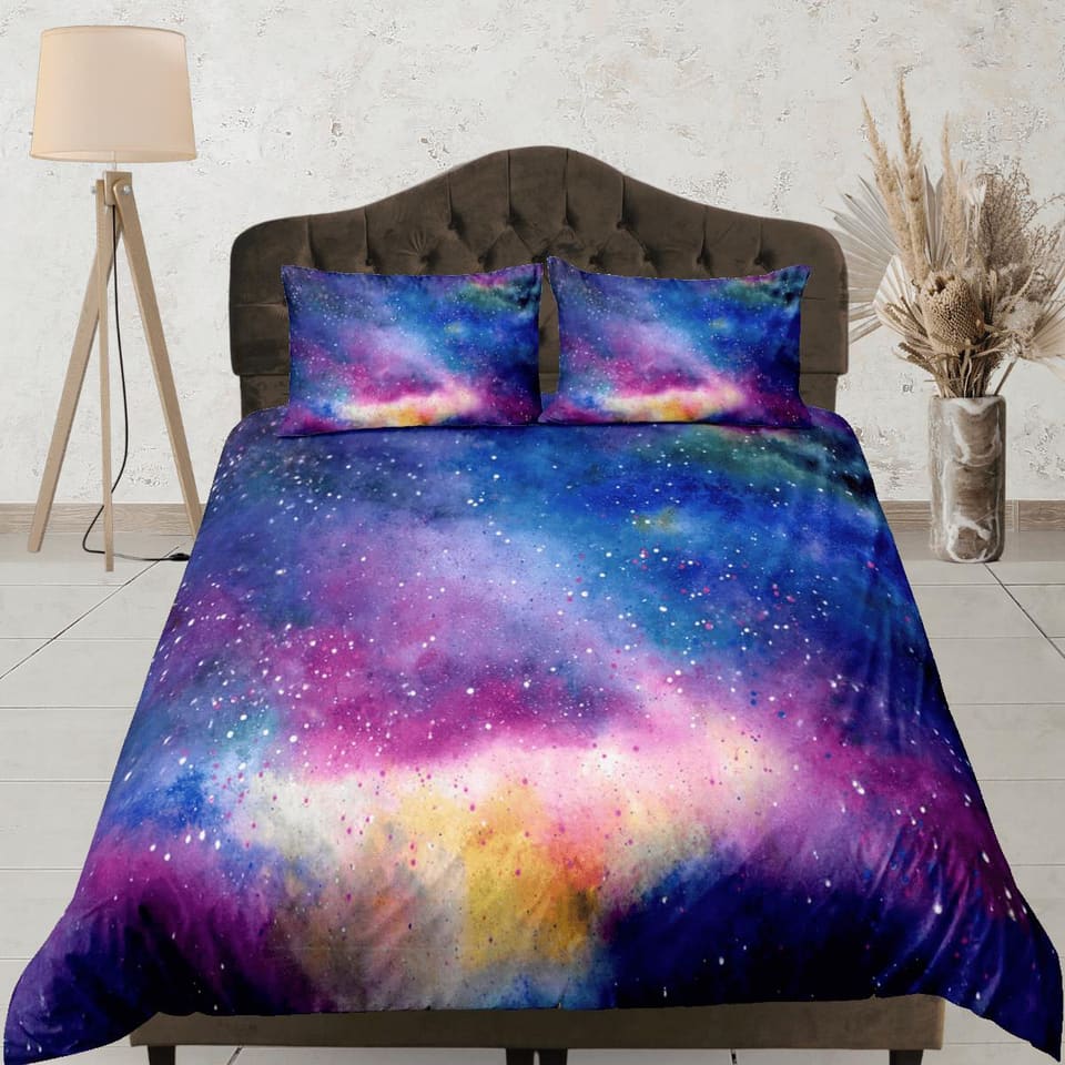Pink blue galaxy bedding, 3D outer space bedding set full, cosmic duvet cover king, queen, dorm bedding, toddler bedding a…