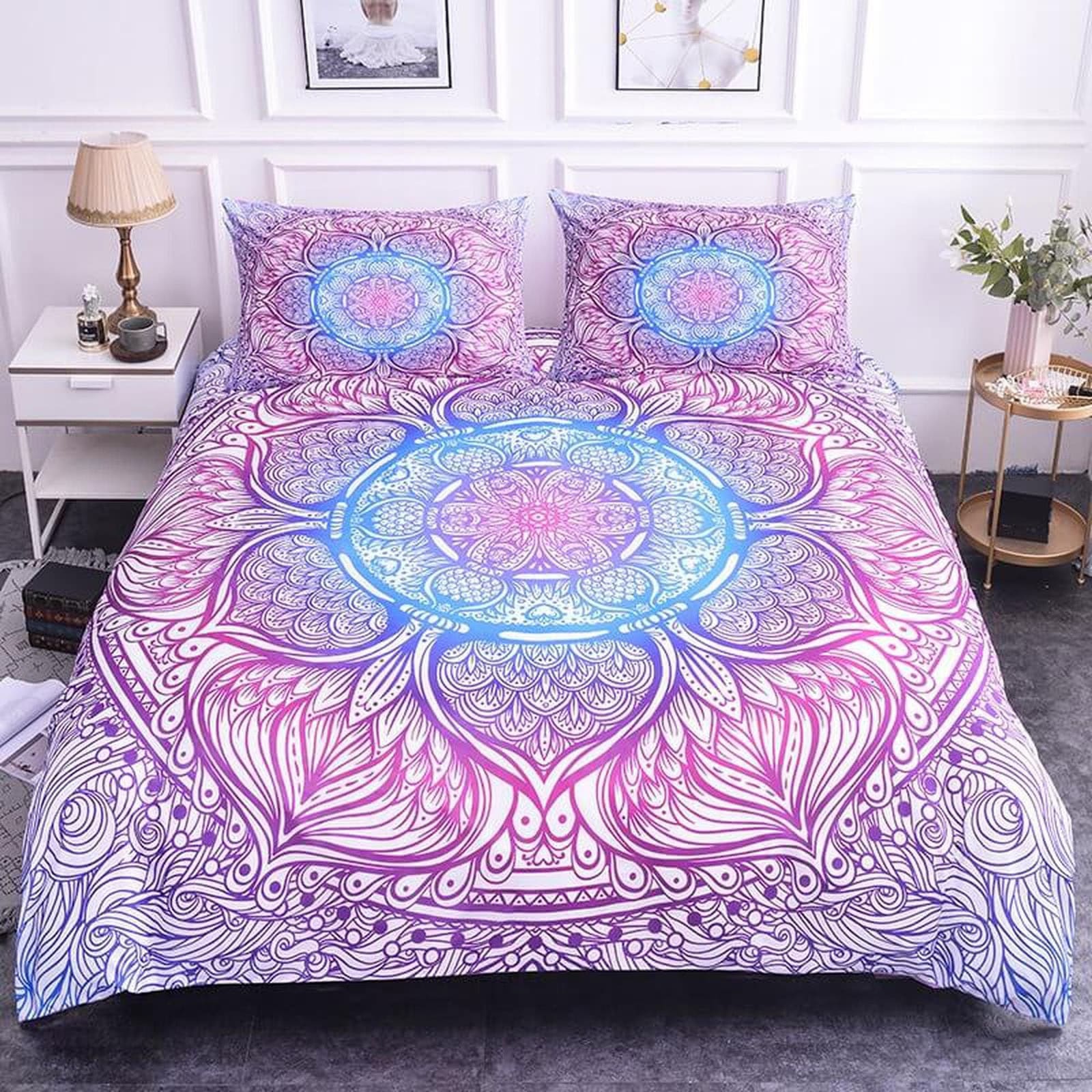 Pink blue purple mandala duvet cover boho bedding set full, queen, king, dorm bedding, aesthetic room indian bedspread max…