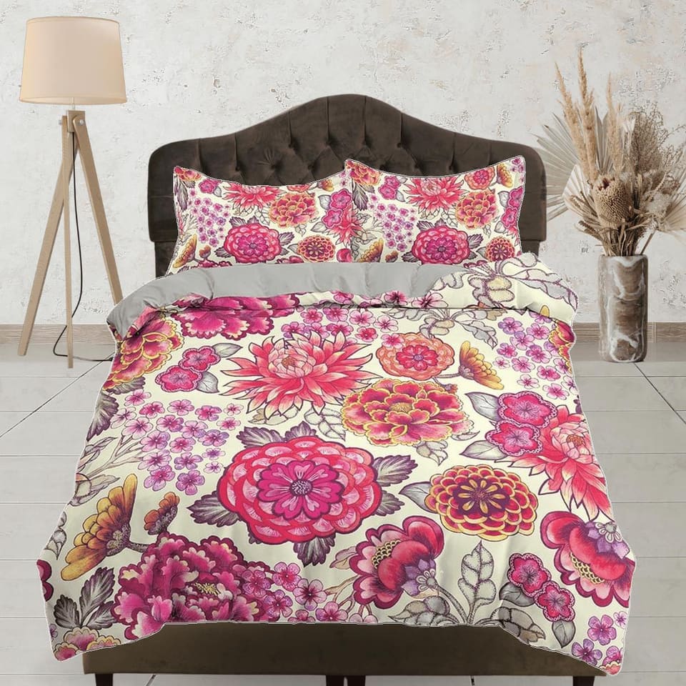 Pink camelia floral duvet cover colorful bedding, teen girl bedroom, baby girl crib bedding boho maximalist bedspread aest…
