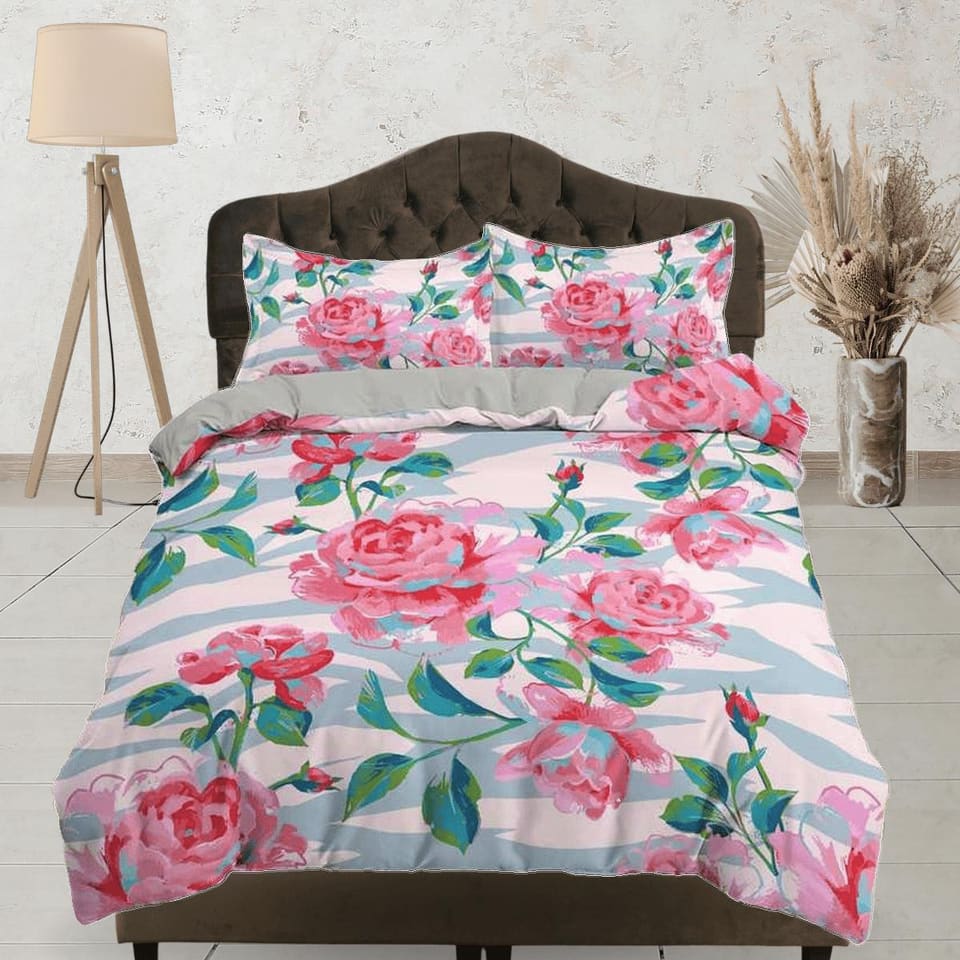 Pink carnation floral duvet cover colorful bedding, teen girl bedroom, baby girl crib bedding boho maximalist bedspread ae…
