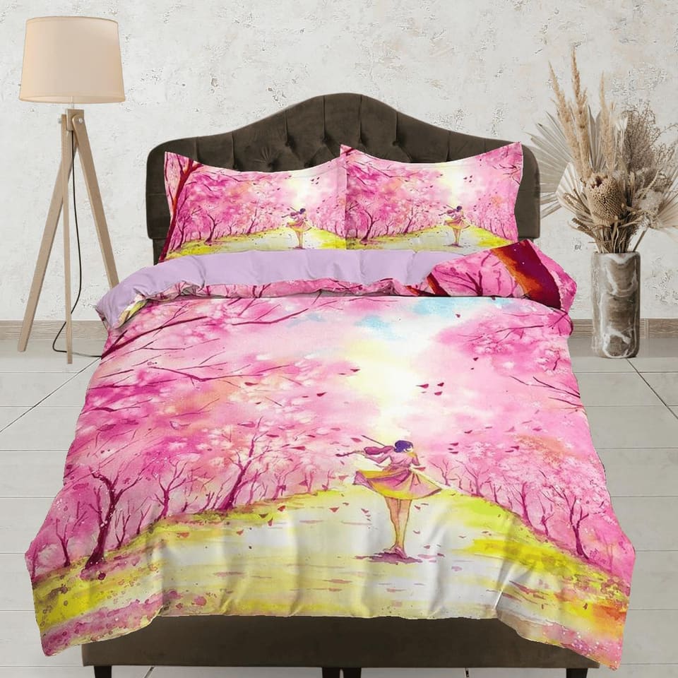 Pink cherry blossom bedding floral prints duvet cover queen, king, boho bedding designer bedspread artistic full size bedd…