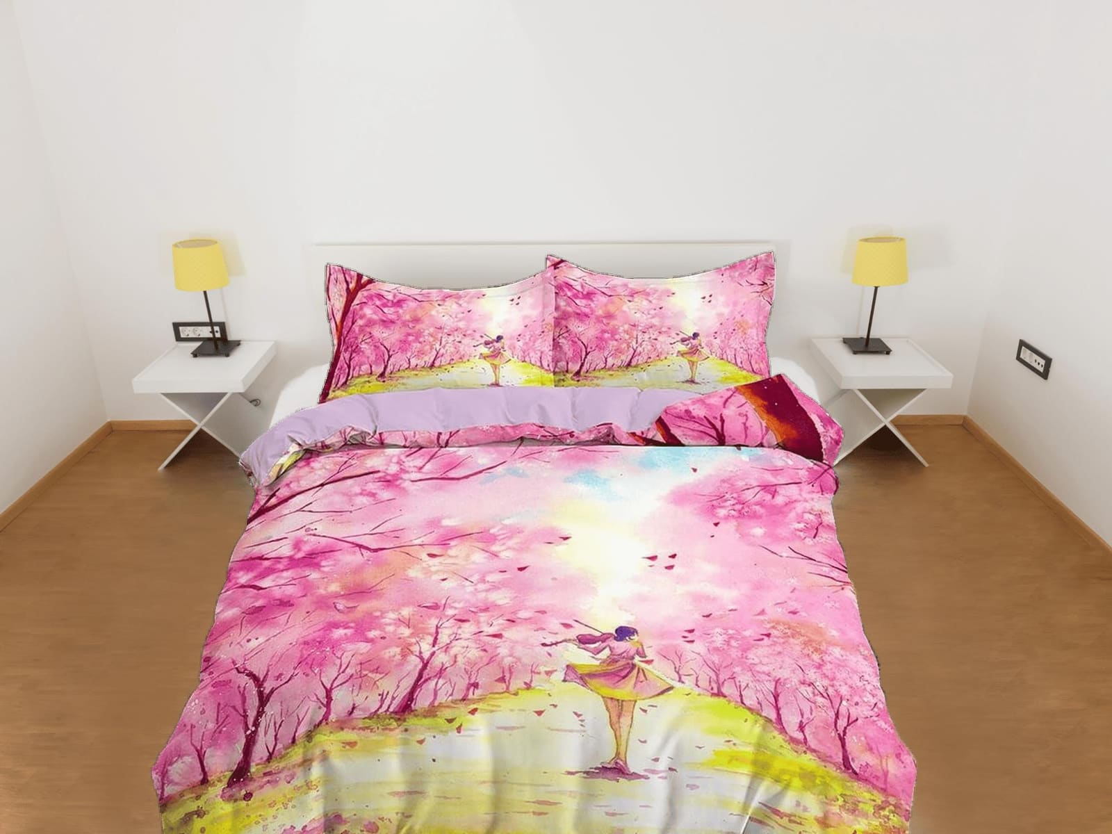 Pink cherry blossom bedding floral prints duvet cover queen, king, boho bedding designer bedspread artistic full size bedd…