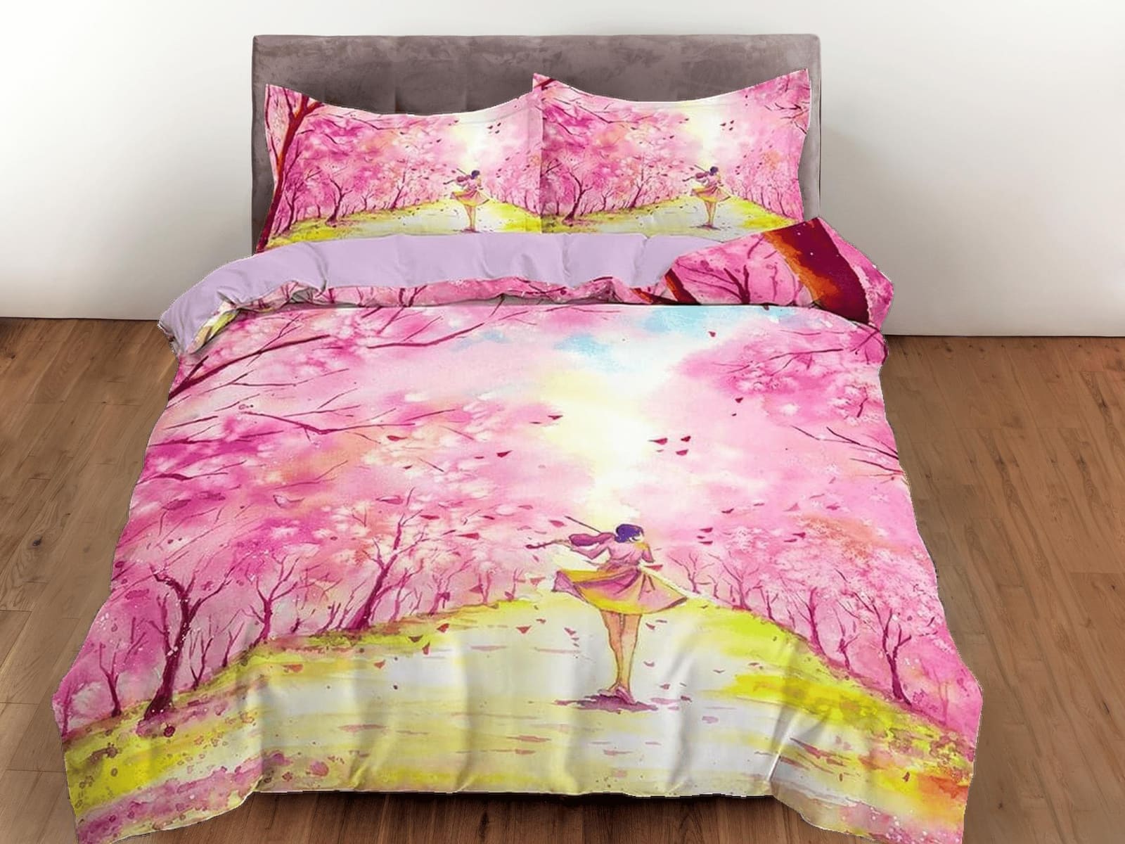 Pink cherry blossom bedding floral prints duvet cover queen, king, boho bedding designer bedspread artistic full size bedd…