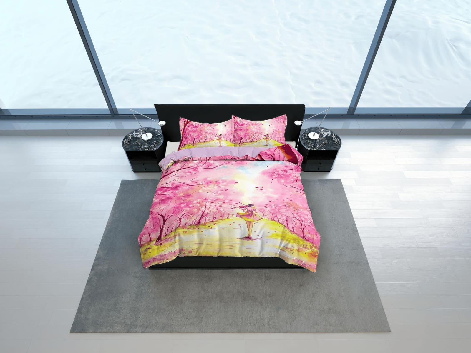 Pink cherry blossom bedding floral prints duvet cover queen, king, boho bedding designer bedspread artistic full size bedd…